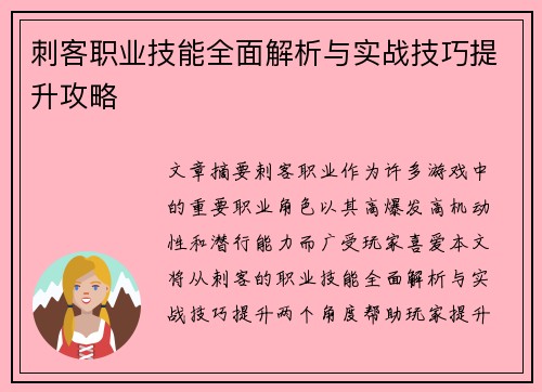 刺客职业技能全面解析与实战技巧提升攻略